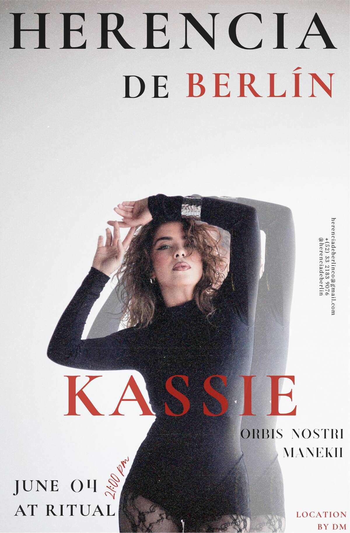 Poster promoting an event: a fashion model in a black dress poses with arms raised; large red 'KASSIE' text and 'HERENCIA DE BERLÍN' at top.
