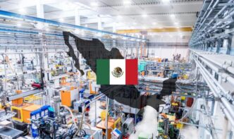 Factory floor with automated equipment, overlaid by a silhouette of Mexico filled with the Mexican flag.