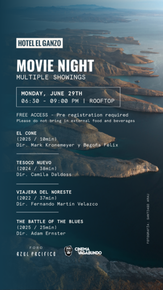Event poster for Hotel El Ganzo 'Movie Night' with rooftop venue, date and time, and a list of screenings on a rocky coastal backdrop.