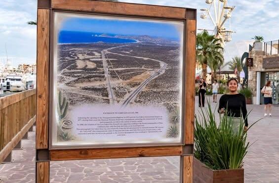 Wood-framed informational map board on a seaside promenade, showing a coastal desert area with roads and a blue sea in the distance.