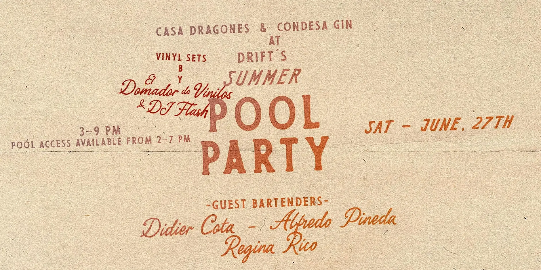 pool party Vintage-style poster advertising a pool party with large POOL PARTY text, date, times, and guest bartenders for the event.