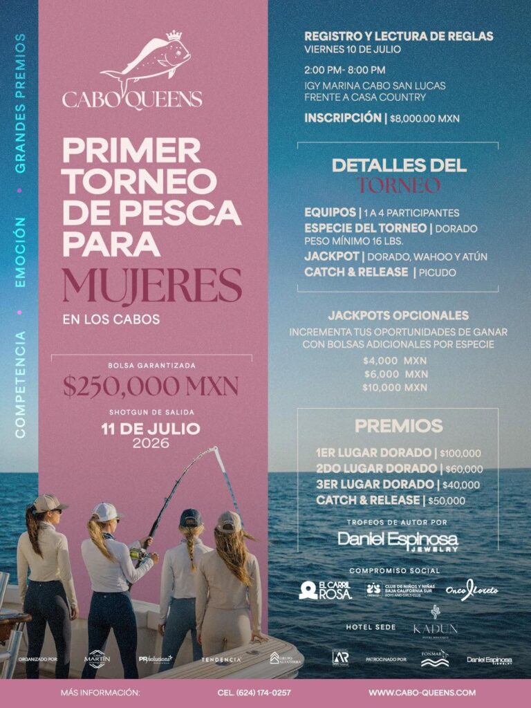 primer torneo de pesca para mujeres - Gringo Gazette Poster announcing the Cabo Queens first women’s fishing tournament in Los Cabos, with a pink left panel and a blue right panel showing event details and prizes.