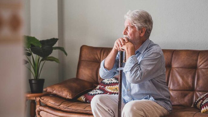 Older man with a walking cane sits on a brown leather sofa, resting chin on hands in a cozy living room.