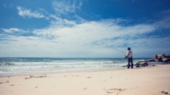 shoreFishing3 - Gringo Gazette Fisherman in a hat and light shirt standing on a sandy beach, fishing into the ocean under a blue sky with scattered clouds.
