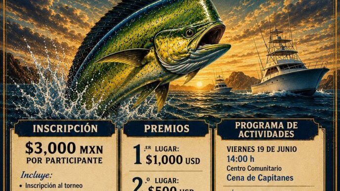 Poster for Bulls Only fishing tournament in Punta Chivato, June 19–21, 2026, featuring a dorado leaping near boats at sunset (event info and prizes).