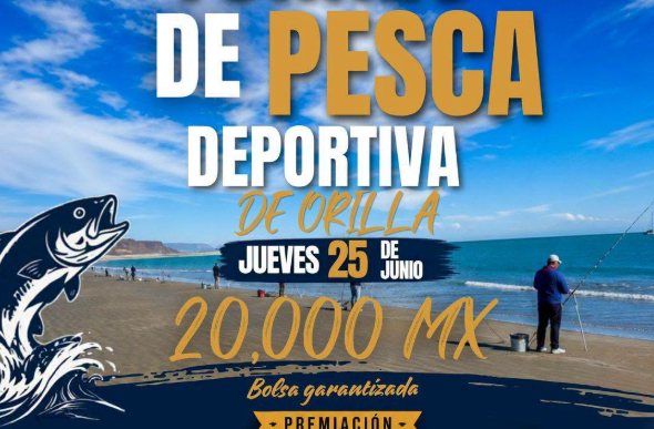 Poster for 'Torneo de Pesca Deportiva de Orilla' on San Juan Bautista festival; 20,000 MX prize, date jueves 25 de junio, Playa San Juanico, Comondú B.C.S., with illustration of a fish and fishing gear.
