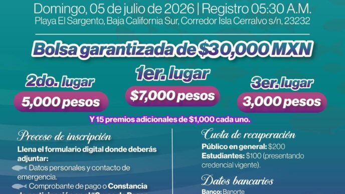 Marea Violeta: Primer Torneo de Pesca de Orilla para Mujeres, domingo 5 de julio de 2026, registro a las 5:30 a.m., en Playa El Sargento, Baja California Sur. Premios destacados.