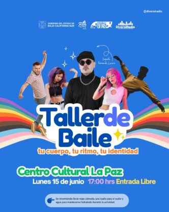 Poster for Taller de Baile: a free dance workshop at Centro Cultural La Paz, June 15 at 5:00 PM, with colorful rainbow graphics in the background.