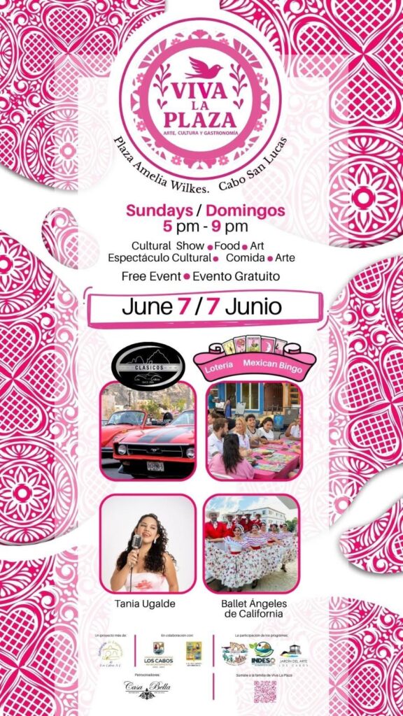 Viva La Plaza event poster: Sundays 5–9 pm, June 7, with car show, Mexican bingo, live singer, and Ballet Ángeles de California on a pink patterned background.