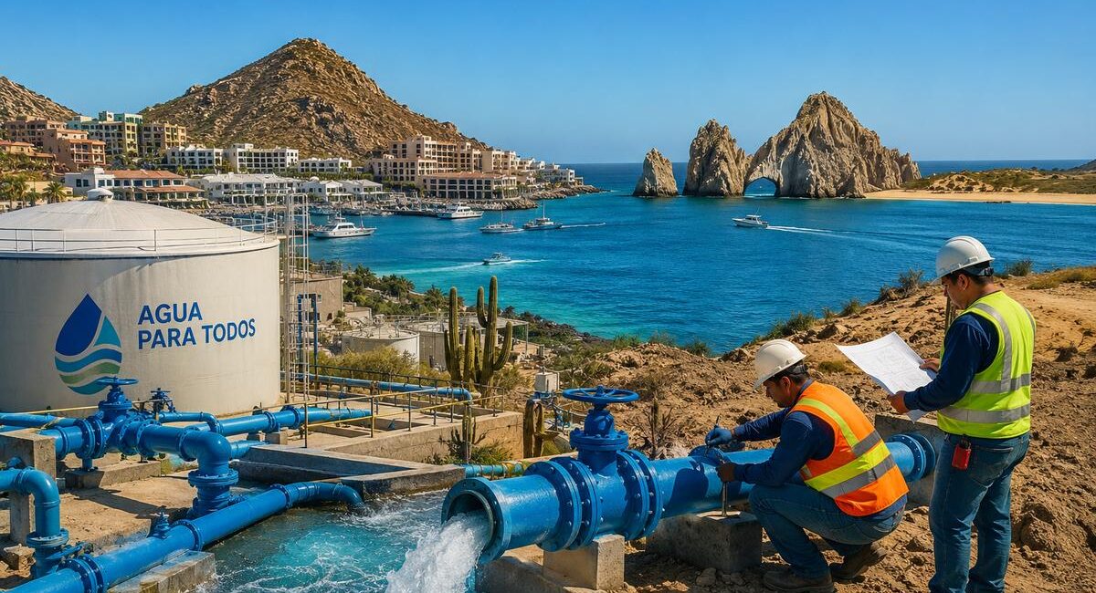 Two workers in orange and yellow safety vests inspect a large blue water pipeline at a coastal water facility, with a tank labeled 'AGUA PARA TODOS' nearby.
