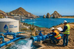 Two workers in orange and yellow safety vests inspect a large blue water pipeline at a coastal water facility, with a tank labeled 'AGUA PARA TODOS' nearby.
