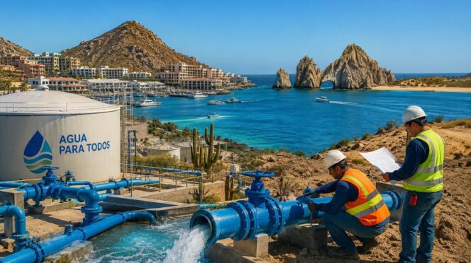 Two workers in orange and yellow safety vests inspect a large blue water pipeline at a coastal water facility, with a tank labeled 'AGUA PARA TODOS' nearby.