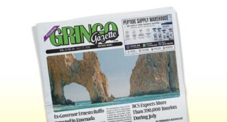 Front page of a newspaper titled Gringo Gazette, featuring a coastal rock arch photo.