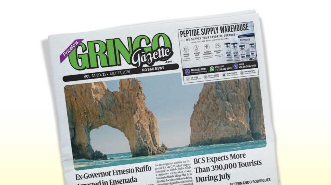 Front page of a newspaper titled Gringo Gazette, featuring a coastal rock arch photo.