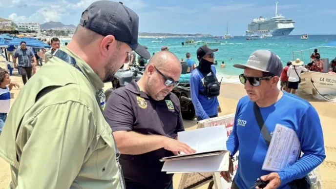 Three men on a sunny beach examine documents, with a cruise ship and turquoise water in the background.