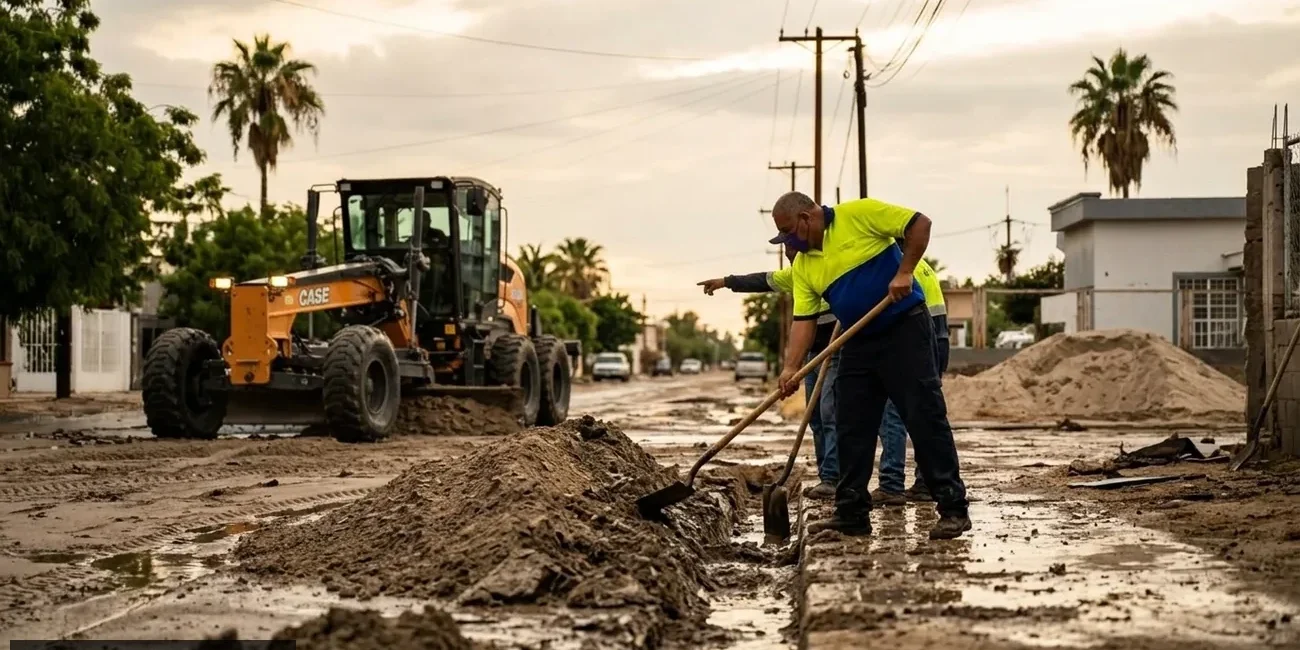 Construction workers shoveling mud on a flooded street with a CASE front loader in the background