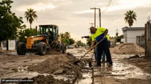 Construction workers shoveling mud on a flooded street with a CASE front loader in the background