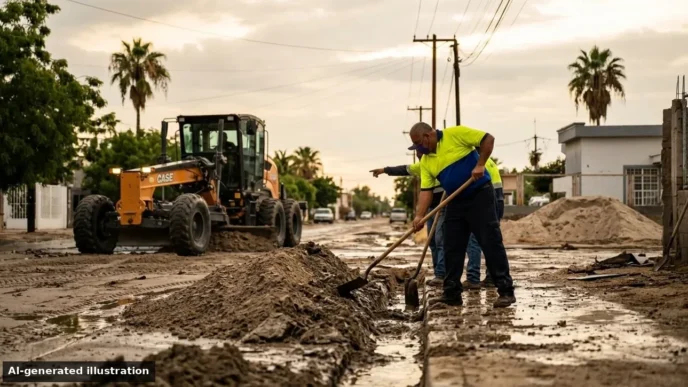 Construction workers shoveling mud on a flooded street with a CASE front loader in the background