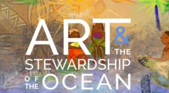 Poster-style cover reading 'ART & THE STEWARDSHIP OF THE OCEAN' over a colorful mural with people in the background.