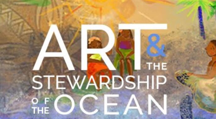 Poster-style cover reading 'ART & THE STEWARDSHIP OF THE OCEAN' over a colorful mural with people in the background.