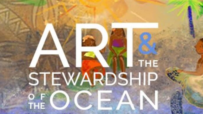 Poster-style cover reading 'ART & THE STEWARDSHIP OF THE OCEAN' over a colorful mural with people in the background.
