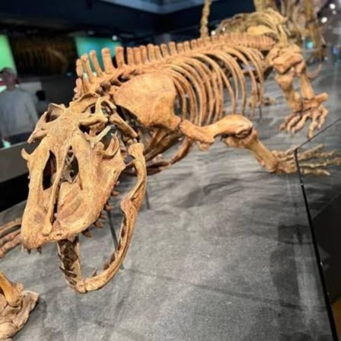 Fully assembled dinosaur skeleton on display in a museum, with its jaws open.