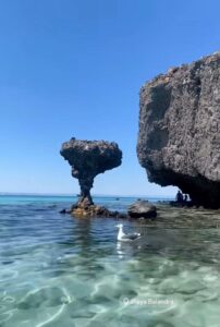 Beach scene at Playa Balandra with a tall mushroom-shaped rock formation in shallow turquoise water and a clear blue sky.