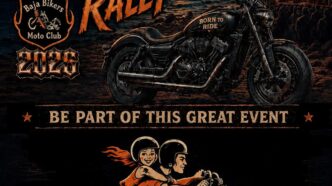 Poster advertising the XIX Los Cabos International Motorcycle Rally with a black motorcycle against a sunset backdrop, July 3–4 in Baja California Sur, Mexico.