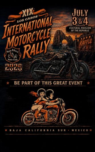 Poster advertising the XIX Los Cabos International Motorcycle Rally with a black motorcycle against a sunset backdrop, July 3–4 in Baja California Sur, Mexico.