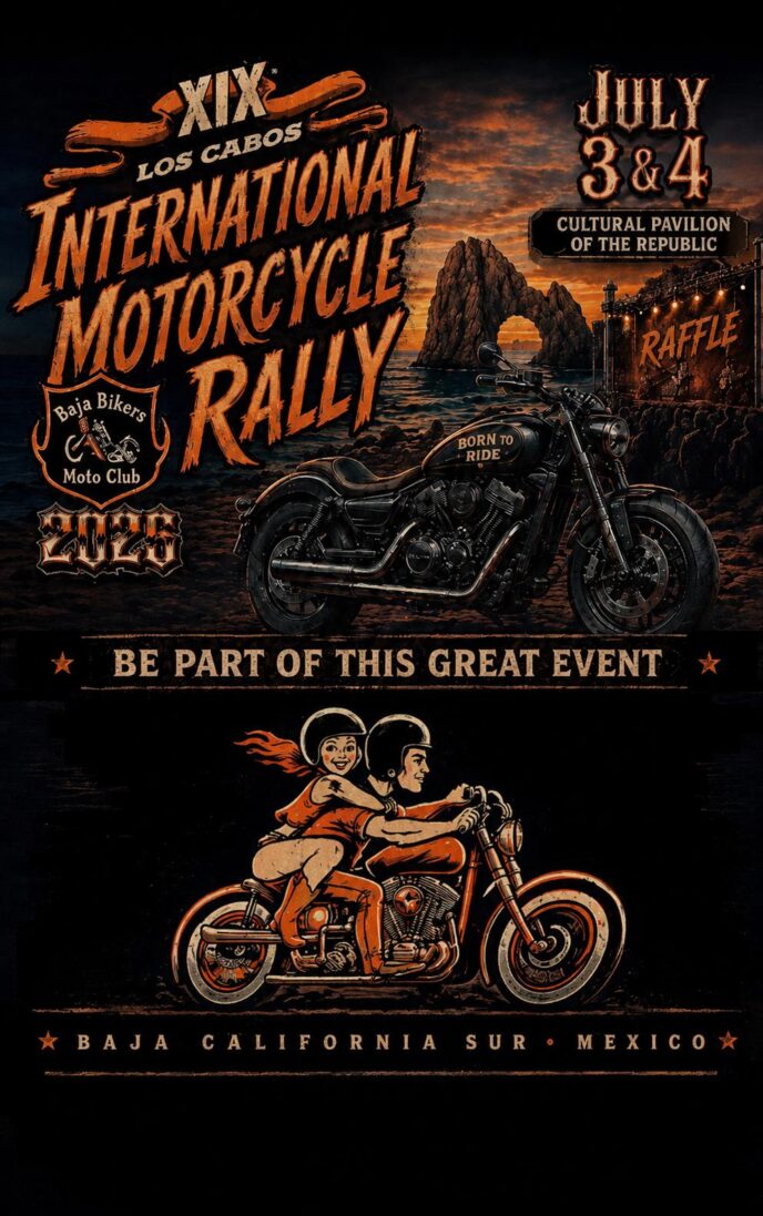 Poster advertising the XIX Los Cabos International Motorcycle Rally with a black motorcycle against a sunset backdrop, July 3–4 in Baja California Sur, Mexico.