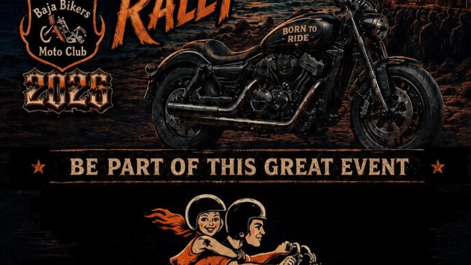 Poster advertising the XIX Los Cabos International Motorcycle Rally with a black motorcycle against a sunset backdrop, July 3–4 in Baja California Sur, Mexico.