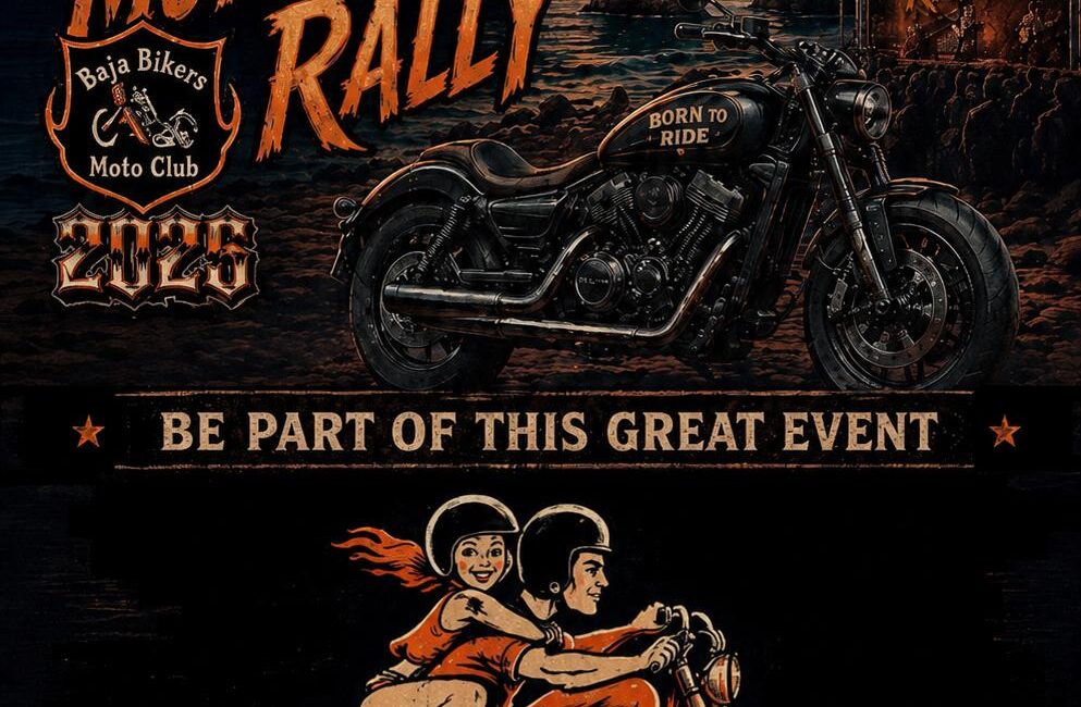 Poster advertising the XIX Los Cabos International Motorcycle Rally with a black motorcycle against a sunset backdrop, July 3–4 in Baja California Sur, Mexico.