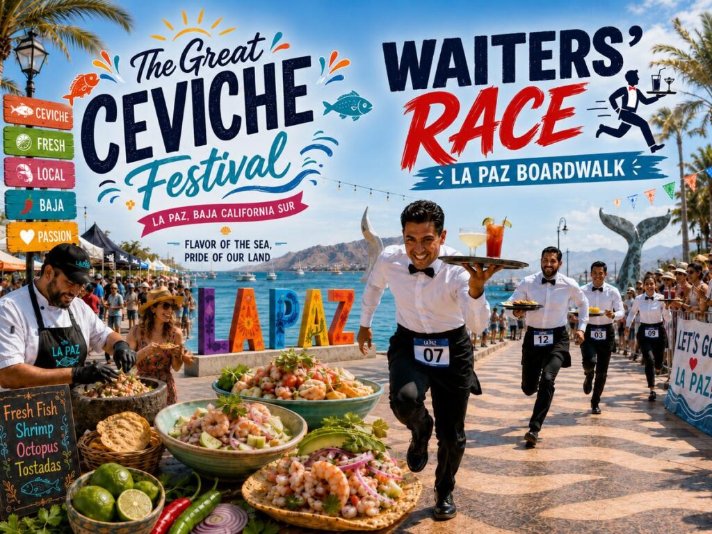 Ceviche-WaitersRace - Gringo Gazette Waiters race along the La Paz boardwalk carrying drinks at The Great Ceviche Festival, with seafood stalls and bright festival signage nearby.
