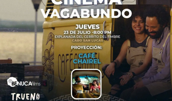 Poster advertising Cine Vagabundo by the Instituto de la Cultura y las Artes de Los Cabos. Features a retro yellow bus and a couple smiling beside it by the water. Text indicates: Thursday, July 23, at 8:00 PM, explanada del Cerrito del Timbre, Cabo San Lucas; screening titled Café Chairel; free entry (#ArteYCulturaQueTransforma); etc.