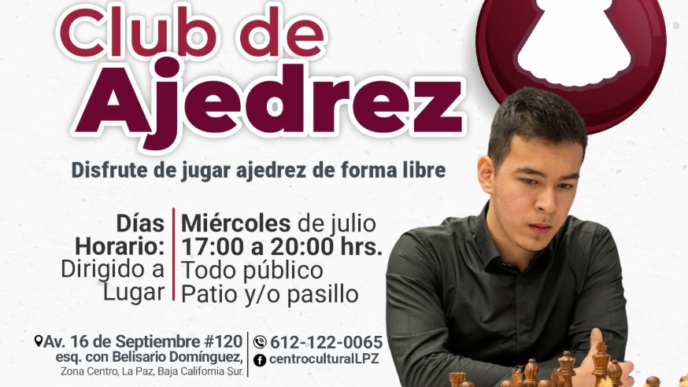 Cartel del Club de Ajedrez del Centro Cultural La Paz: jugar ajedrez libre, miércoles de julio, 17:00–20:00, entrada libre