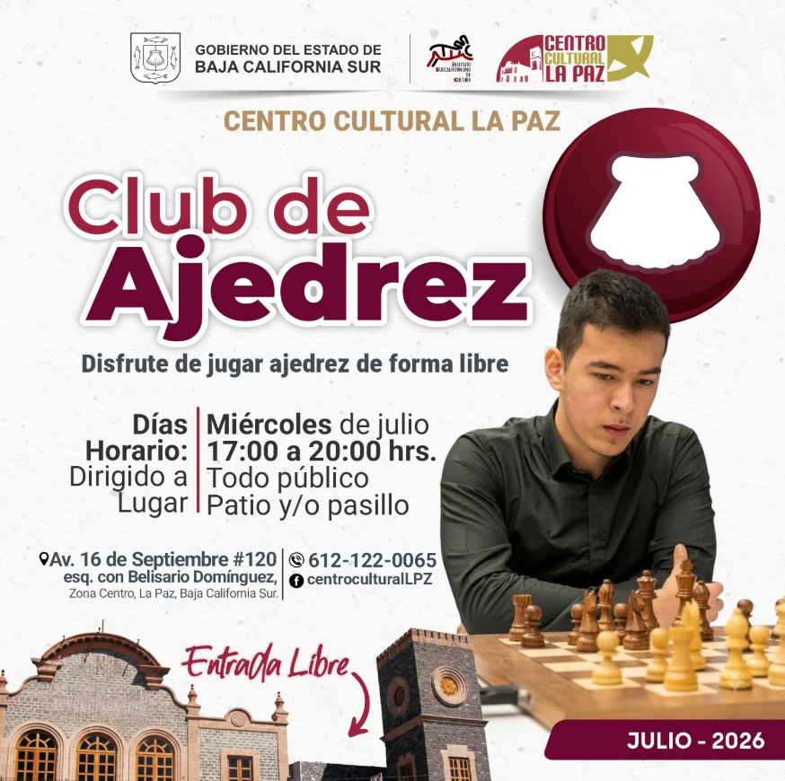 Cartel del Club de Ajedrez del Centro Cultural La Paz: jugar ajedrez libre, miércoles de julio, 17:00–20:00, entrada libre