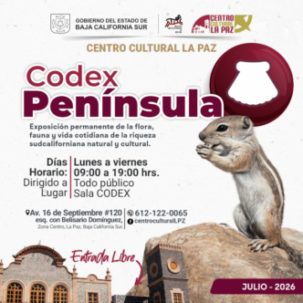 Promotional poster for Codex Península at Centro Cultural La Paz; features a squirrel on a rock, bold 'Codex Península' title, and exhibition details (flora, fauna, and local culture). Schedule: Monday–Friday, 09:00–19:00; location: Sala CODEx, Av. 16 de Septiembre #120, zona Centro, La Paz. Includes 'Entrada Libre' and July 2026.