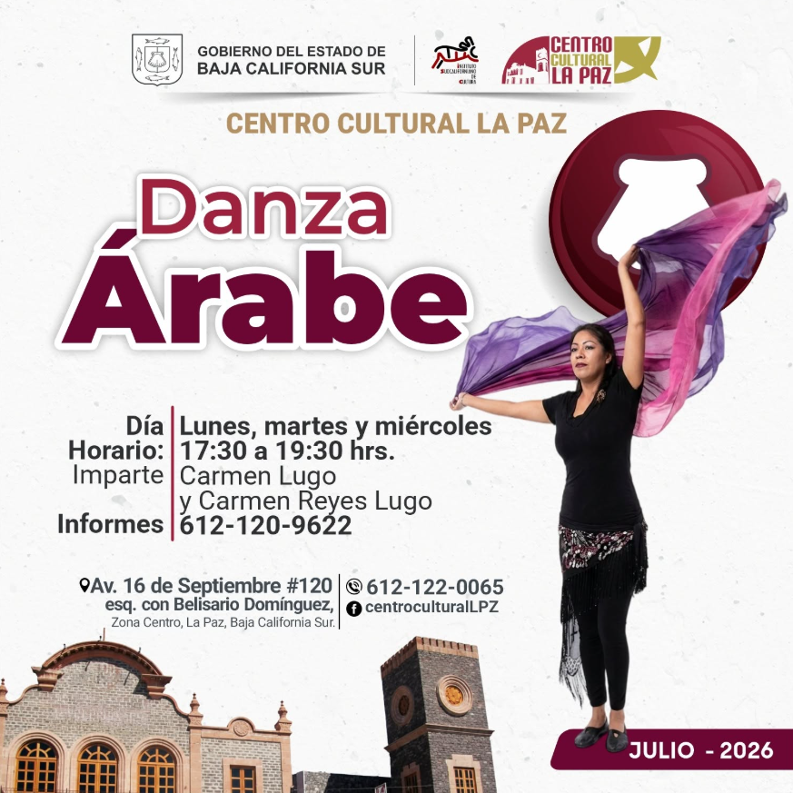Poster publicitario del Centro Cultural La Paz anunciando danza árabe; bailarina con velo morado y texto "Danza Árabe" destacado, fechas y horarios 17:30–19:30 (Lunes, martes y miércoles).