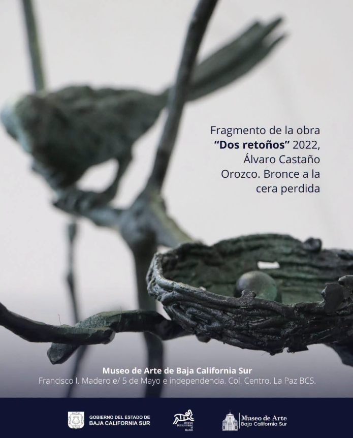 Fragmento de cartel anunciando la obra 'Dos retoños' (2022) de Álvaro Castaño Orozco, bronce a la cera perdida, Museo de Arte de Baja California Sur.