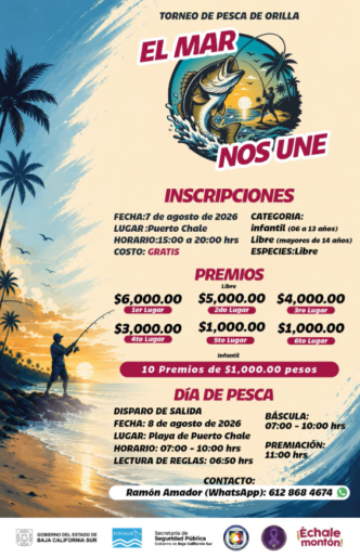 Póster del Torneo de Pesca de Orilla El Mar Nos Une: fechas, inscripciones gratis y premios.