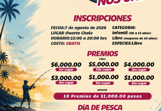 Póster del Torneo de Pesca de Orilla El Mar Nos Une: fechas, inscripciones gratis y premios.