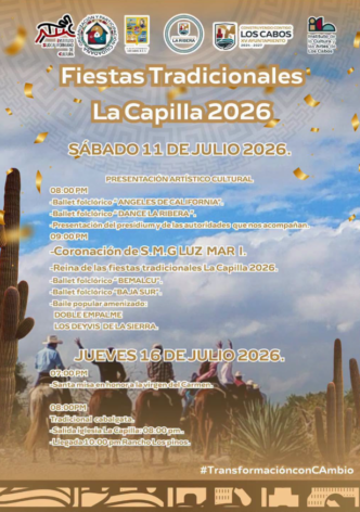 Poster for Fiestas Tradicionales La Capilla 2026 with event logos, dates July 11 and July 16, 2026, and a desert scene with riders on horseback.