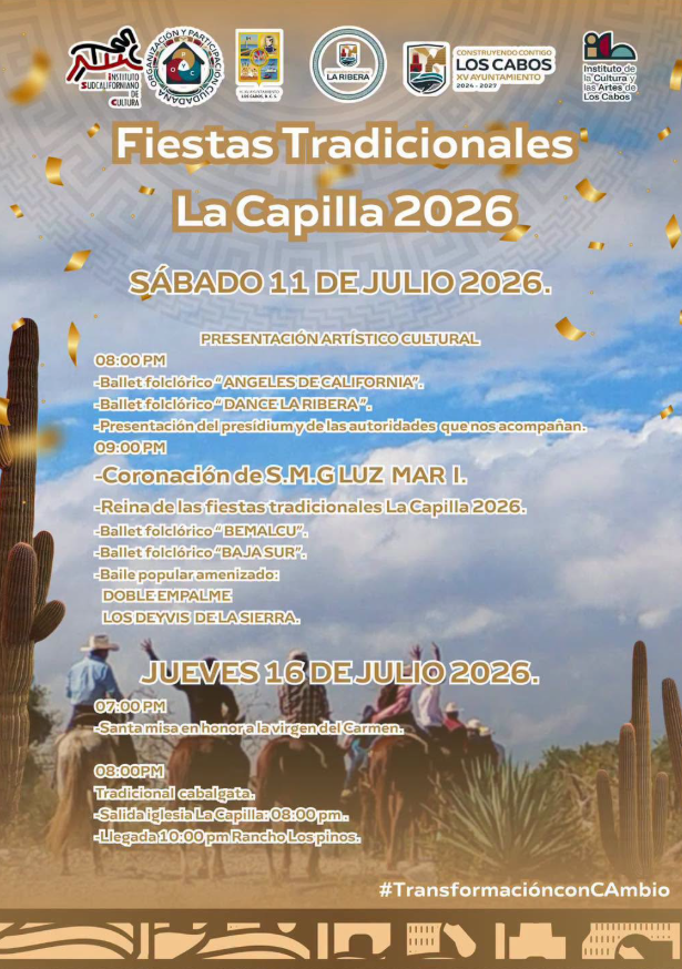 Poster for Fiestas Tradicionales La Capilla 2026 with event logos, dates July 11 and July 16, 2026, and a desert scene with riders on horseback.