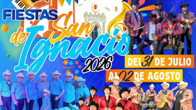 Festival poster for Fiestas de San Ignacio 2026 with bands, banners, and dates July 31–August 2 in Magdalena.