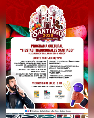 Poster for Santiago 2026 Fiestas Tradicionales with schedule and events details (Jueves 23 de Julio 7 PM, Viernes 24 de Julio 6 PM).