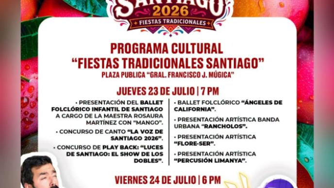Poster for Santiago 2026 Fiestas Tradicionales with schedule and events details (Jueves 23 de Julio 7 PM, Viernes 24 de Julio 6 PM).
