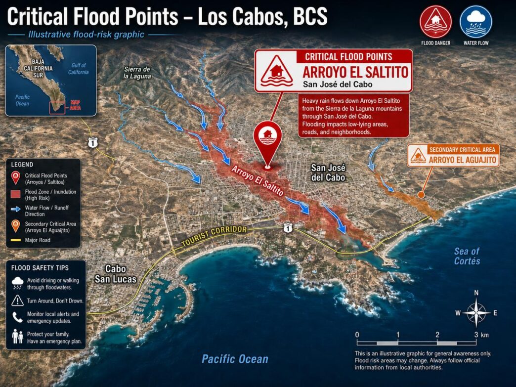 Floods - Gringo Gazette Illustrated flood risk map of Los Cabos showing critical flood points at Arroyo El Saltito with blue water-flow arrows and surrounding high-risk zones near San José del Cabo and the tourist corridor along the coast.