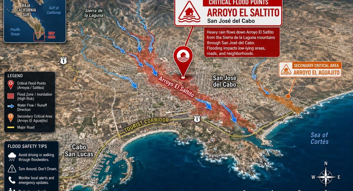 Illustrated flood risk map of Los Cabos showing critical flood points at Arroyo El Saltito with blue water-flow arrows and surrounding high-risk zones near San José del Cabo and the tourist corridor along the coast.
