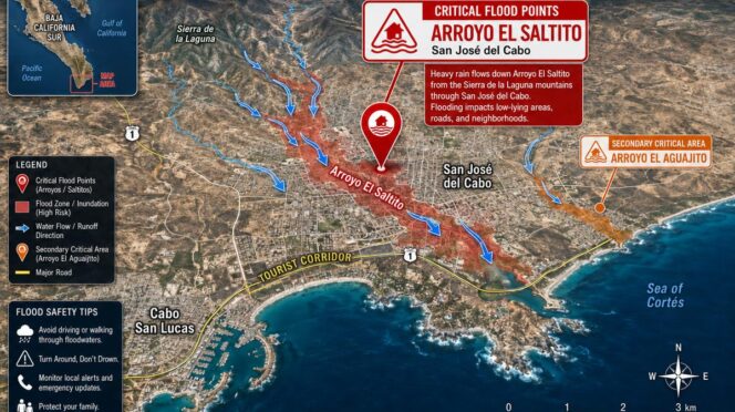 Illustrated flood risk map of Los Cabos showing critical flood points at Arroyo El Saltito with blue water-flow arrows and surrounding high-risk zones near San José del Cabo and the tourist corridor along the coast.