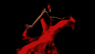 Flamenco dancer seen from behind in a flowing red dress, sweeping motions against a black background, with a red flower in her hair and gold hoop earrings.